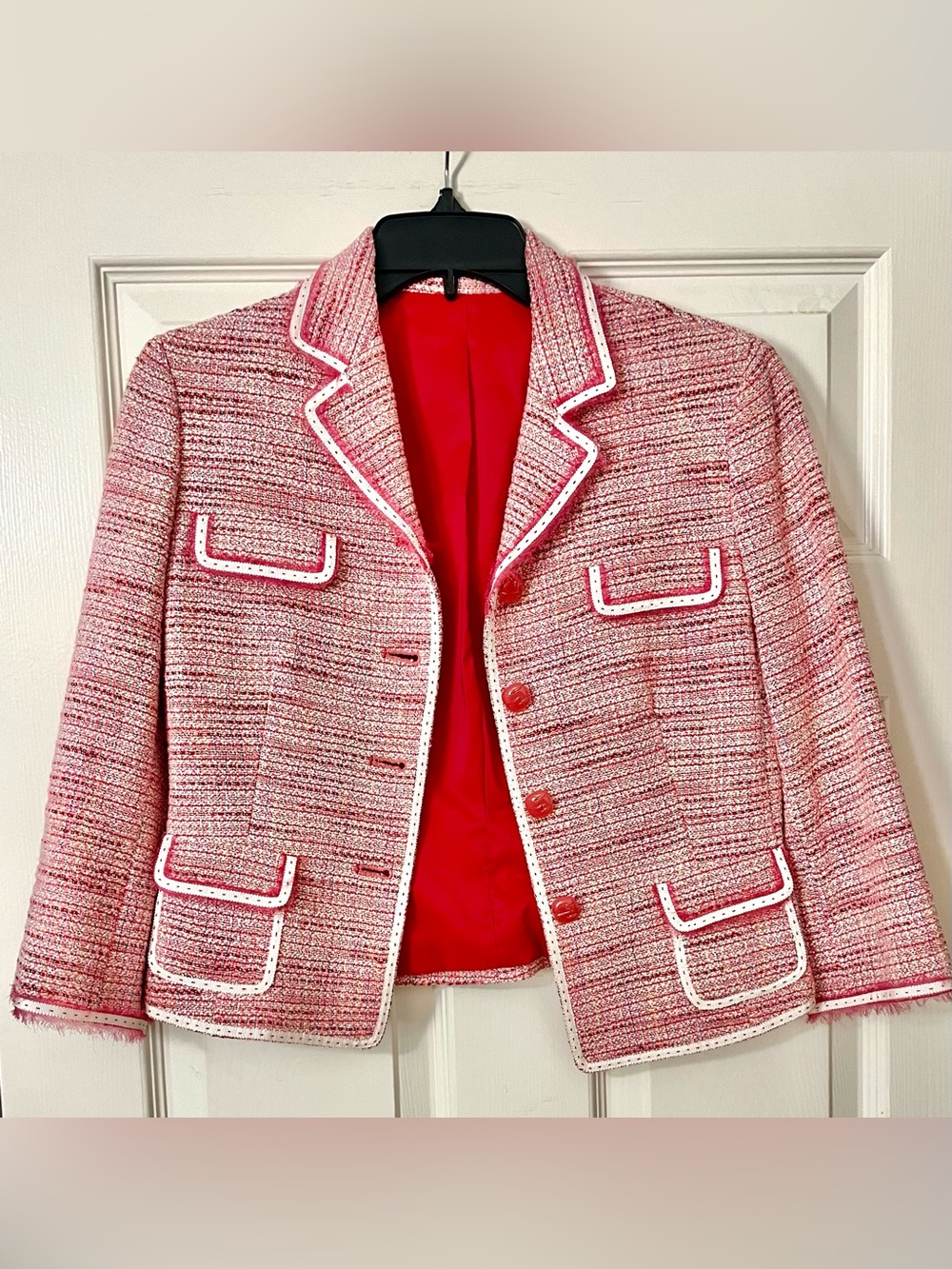 Tahari Cropped Tweed Blazer Pink Ivory Sz S